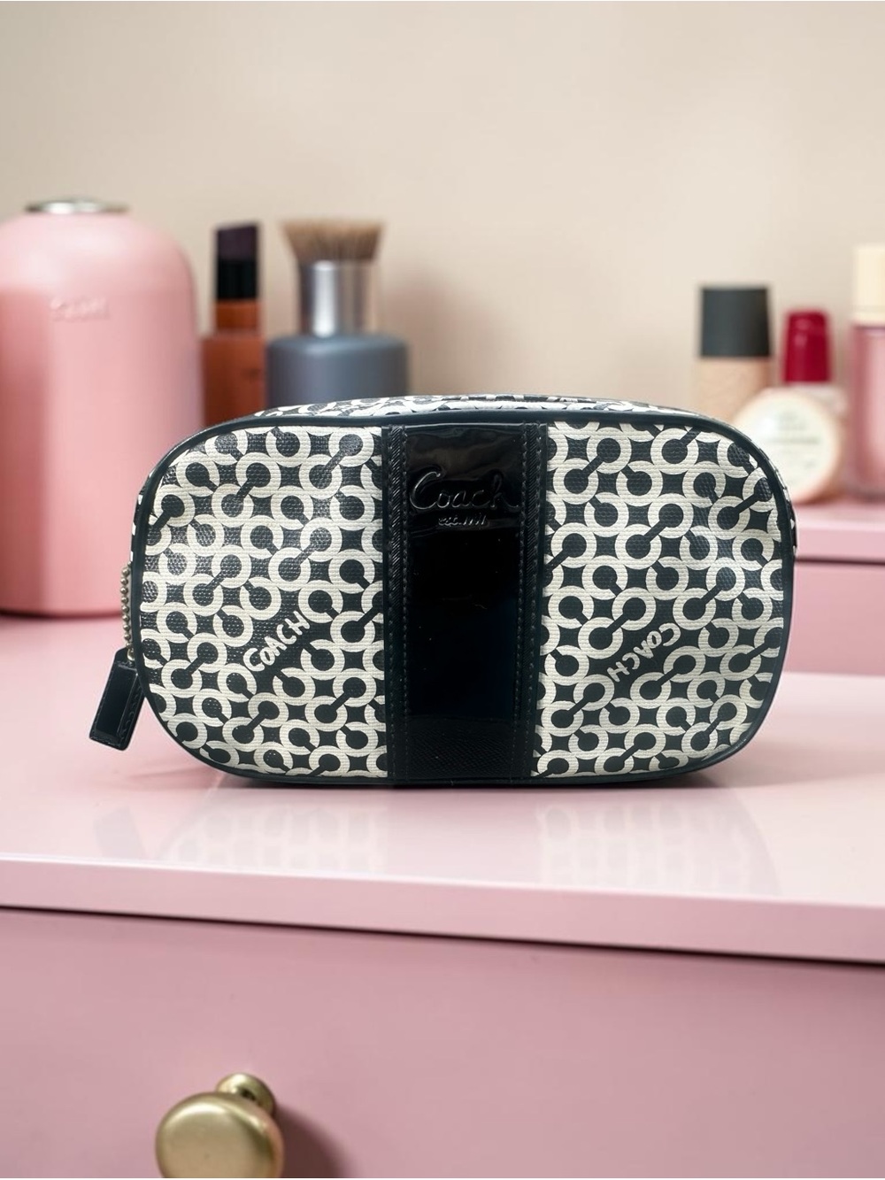 Coach Op Art Y2K Black and White Logo Print Cosmetic Pouch
